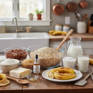 Southern banana cobbler with oat-pecan topping in a baking dish